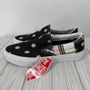 Vans Classic Slip-On Floral Plaid Patchwork Black White Daisy Sneakers Women's 9